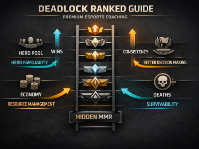 Deadlock ranked and MMR infographic showing visible rank, hidden MMR, hero pool, economy, deaths, and objective play.