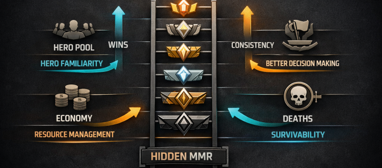 Deadlock ranked and MMR infographic showing visible rank, hidden MMR, hero pool, economy, deaths, and objective play.