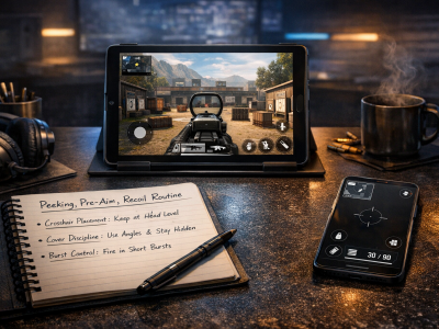 CoD Mobile gunfight fundamentals coaching desk with peeking pre-aim and recoil notes