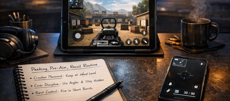 CoD Mobile gunfight fundamentals coaching desk with peeking pre-aim and recoil notes