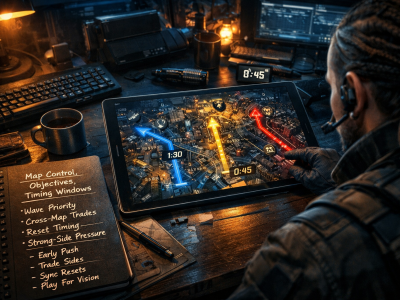Deadlock macro fundamentals coaching desk with map control and objective timing notes