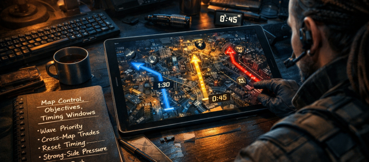 Deadlock macro fundamentals coaching desk with map control and objective timing notes