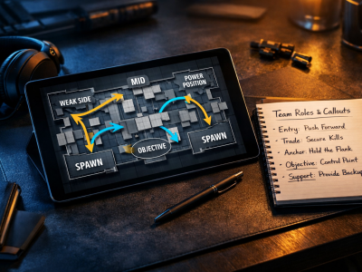 CoD Mobile team roles and callouts coaching setup with tactical map and ranked comm notes