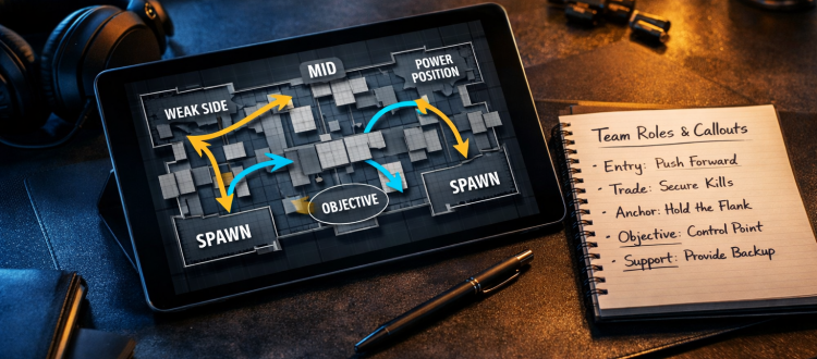 CoD Mobile team roles and callouts coaching setup with tactical map and ranked comm notes