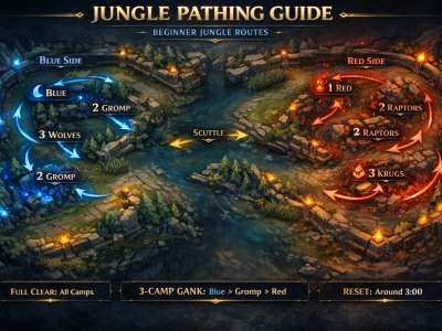 LoL beginner jungle pathing infographic with blue-side and red-side full clear routes