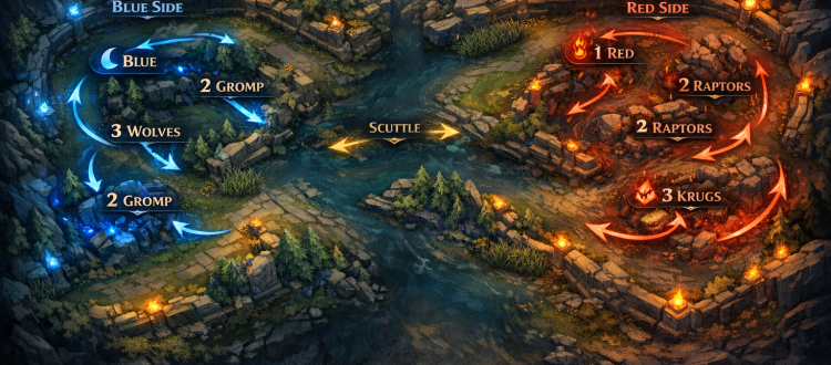 LoL beginner jungle pathing infographic with blue-side and red-side full clear routes