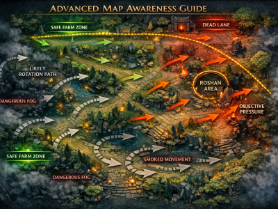 Dota 2 advanced map awareness infographic with lane pressure, ward zones, and rotation paths