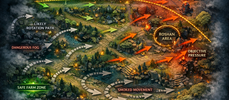 Dota 2 advanced map awareness infographic with lane pressure, ward zones, and rotation paths