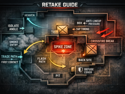 VALORANT site retake strategy infographic with utility paths and defuse coverage
