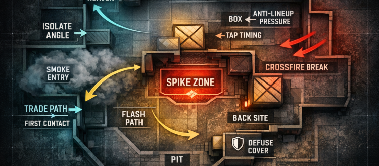 VALORANT site retake strategy infographic with utility paths and defuse coverage