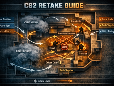 CS2 site retake strategy infographic with utility paths, crossfires, and coordinated CT re-entry routes.