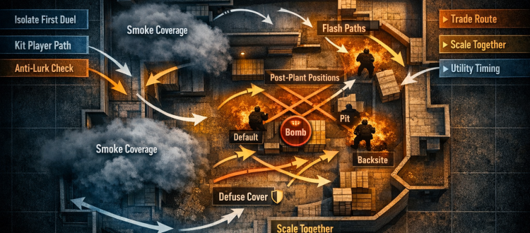 CS2 site retake strategy infographic with utility paths, crossfires, and coordinated CT re-entry routes.