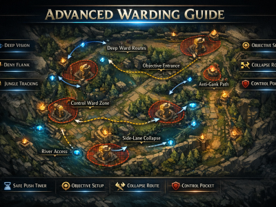 LoL advanced warding infographic showing deep wards, control wards, jungle tracking routes and objective vision setup