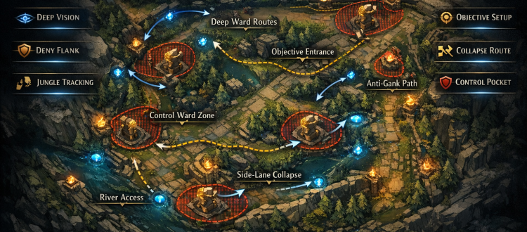 LoL advanced warding infographic showing deep wards, control wards, jungle tracking routes and objective vision setup