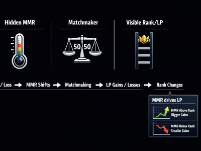 LoL ranked infographic showing how hidden MMR influences matchmaking and LP gains to determine your visible rank.