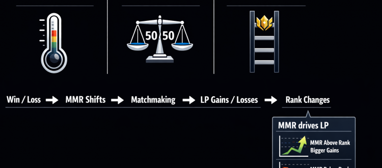 LoL ranked infographic showing how hidden MMR influences matchmaking and LP gains to determine your visible rank.