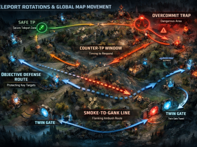 Dota 2 teleport rotation infographic showing TP routes, Twin Gates, outposts, and counter-gank timing.