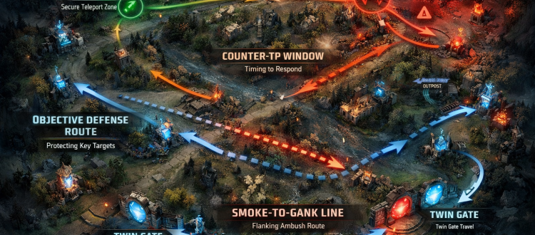 Dota 2 teleport rotation infographic showing TP routes, Twin Gates, outposts, and counter-gank timing.