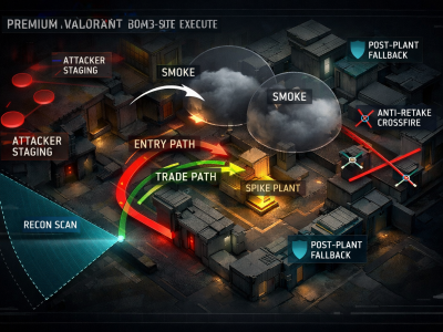 Valorant site execute infographic showing attack routes, utility layering, plant zone, and post-plant positions