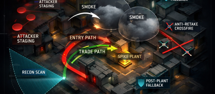 Valorant site execute infographic showing attack routes, utility layering, plant zone, and post-plant positions