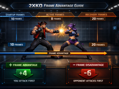 2XKO frame advantage infographic showing startup active recovery and blockstun timing