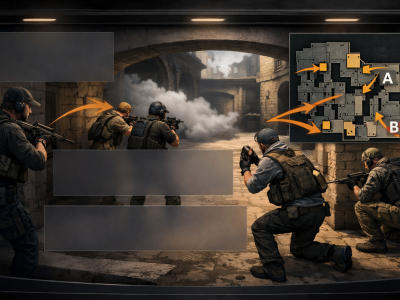 CS2 mid round default setup with map control paths, lurker timing, and execute options