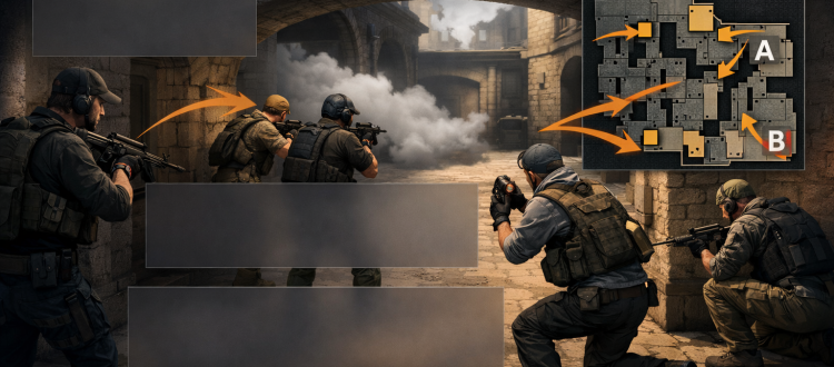 CS2 mid round default setup with map control paths, lurker timing, and execute options