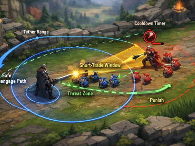 LoL lane trading illustration showing spacing, last-hit punish timing, and wave advantage
