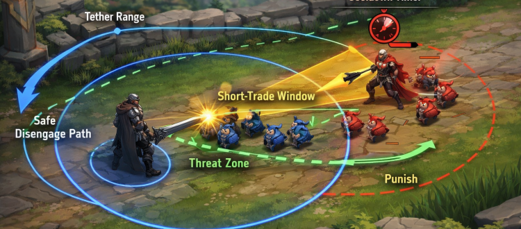 LoL lane trading illustration showing spacing, last-hit punish timing, and wave advantage