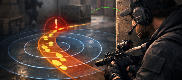 VALORANT defender reading footsteps and sound cues while holding a site angle