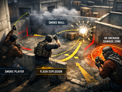 CS2 utility guide illustration showing smoke flash and HE grenade usage during a site execute