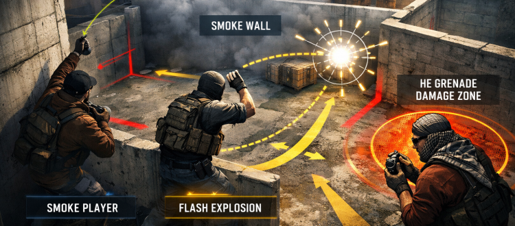 CS2 utility guide illustration showing smoke flash and HE grenade usage during a site execute