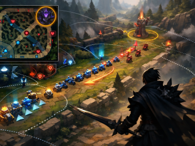 LoL split push side-lane pressure illustration with wave setup and rotation overlays