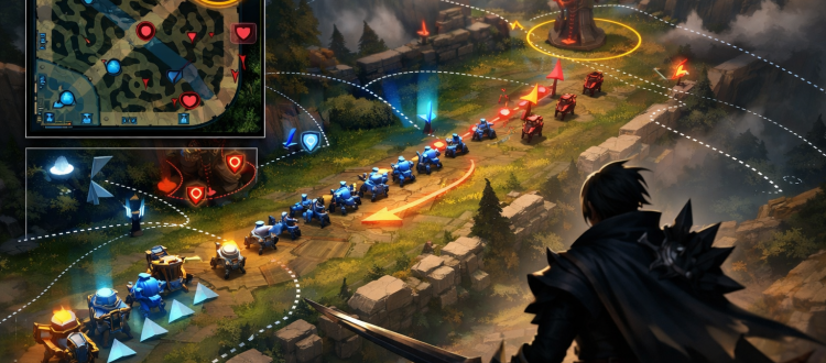 LoL split push side-lane pressure illustration with wave setup and rotation overlays