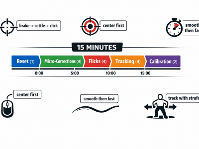 15-minute aim routine diagram showing micro-corrections, flicks, and tracking
