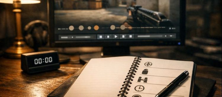 CS2 demo review workstation setup with replay timeline and coaching checklist