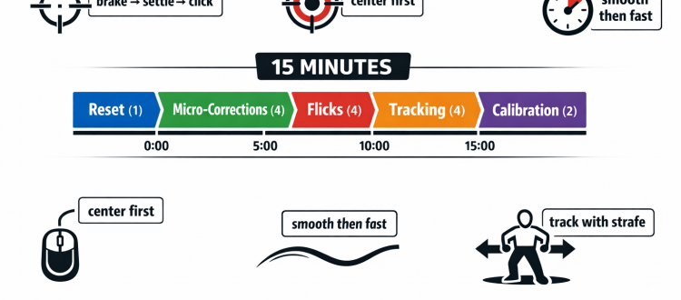 15-minute aim routine diagram showing micro-corrections, flicks, and tracking