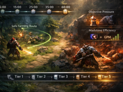 Dota 2 neutral item timing coaching scene showing jungle farming routes and tier power spike windows