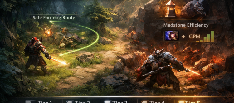 Dota 2 neutral item timing coaching scene showing jungle farming routes and tier power spike windows