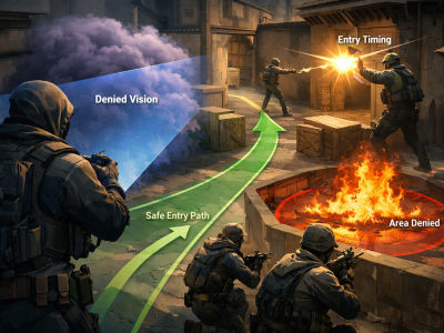Valorant utility fundamentals illustration with smokes flashes and mollies during a coordinated site execute