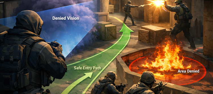 Valorant utility fundamentals illustration with smokes flashes and mollies during a coordinated site execute