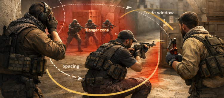 CS2 anti-eco strategy illustration showing a T-side team clearing close corners with spacing and utility