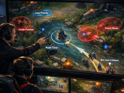 LoL mid lane roaming through river after wave crash with vision and map pressure overlays
