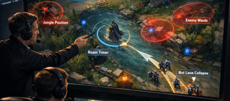 LoL mid lane roaming through river after wave crash with vision and map pressure overlays
