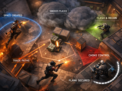 Valorant agent roles working together with Duelist, Controller, Initiator, and Sentinel during a coordinated site execute.