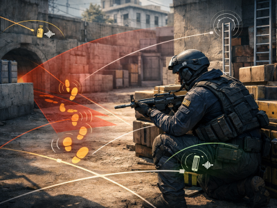 CS2 audio awareness illustration showing footsteps and sound cue tracking on defense