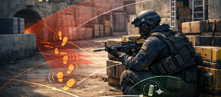 CS2 audio awareness illustration showing footsteps and sound cue tracking on defense