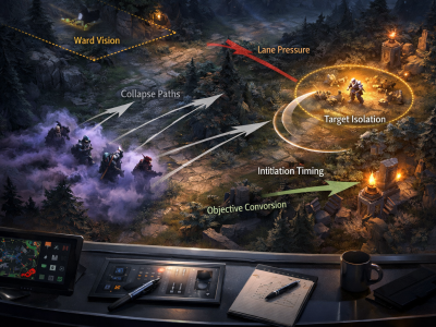 Dota 2 Smoke of Deceit ambush guide illustration showing a five-man jungle gank setup