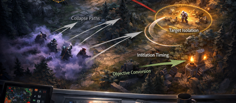 Dota 2 Smoke of Deceit ambush guide illustration showing a five-man jungle gank setup