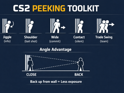 CS2 peeking infographic showing jiggle, shoulder, wide, contact, and trade swings with angle advantage basics.